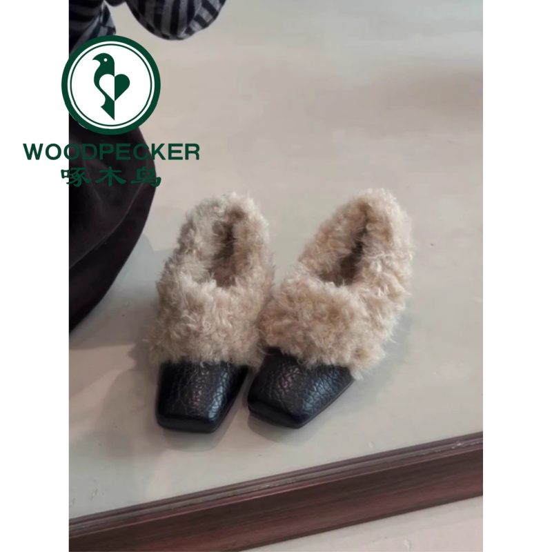 啄木鸟方头复古毛毛鞋一脚蹬内增高单鞋女棉鞋加绒保暖玛丽珍鞋