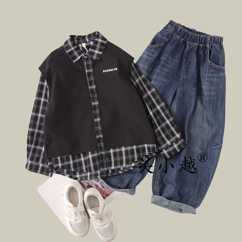 吴小越w1600男童衬衣外套假两件同学痞帅男孩春秋装韩版版型大童