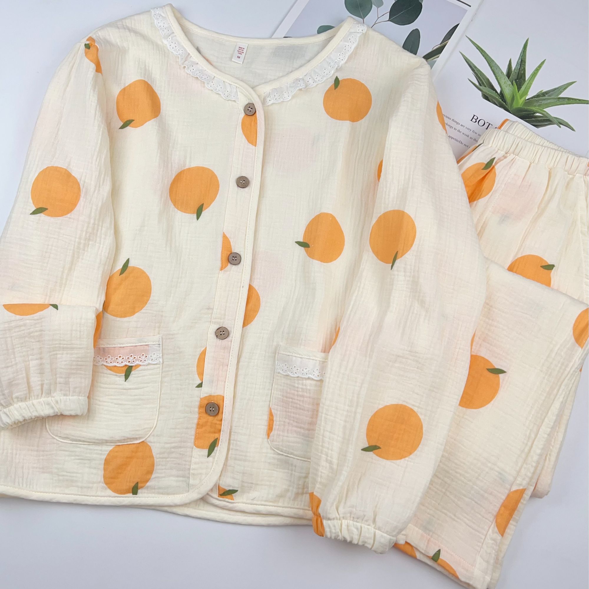 升级版长袖长裤纯棉纱睡衣女士春秋夏季套装家居服薄款大码套装