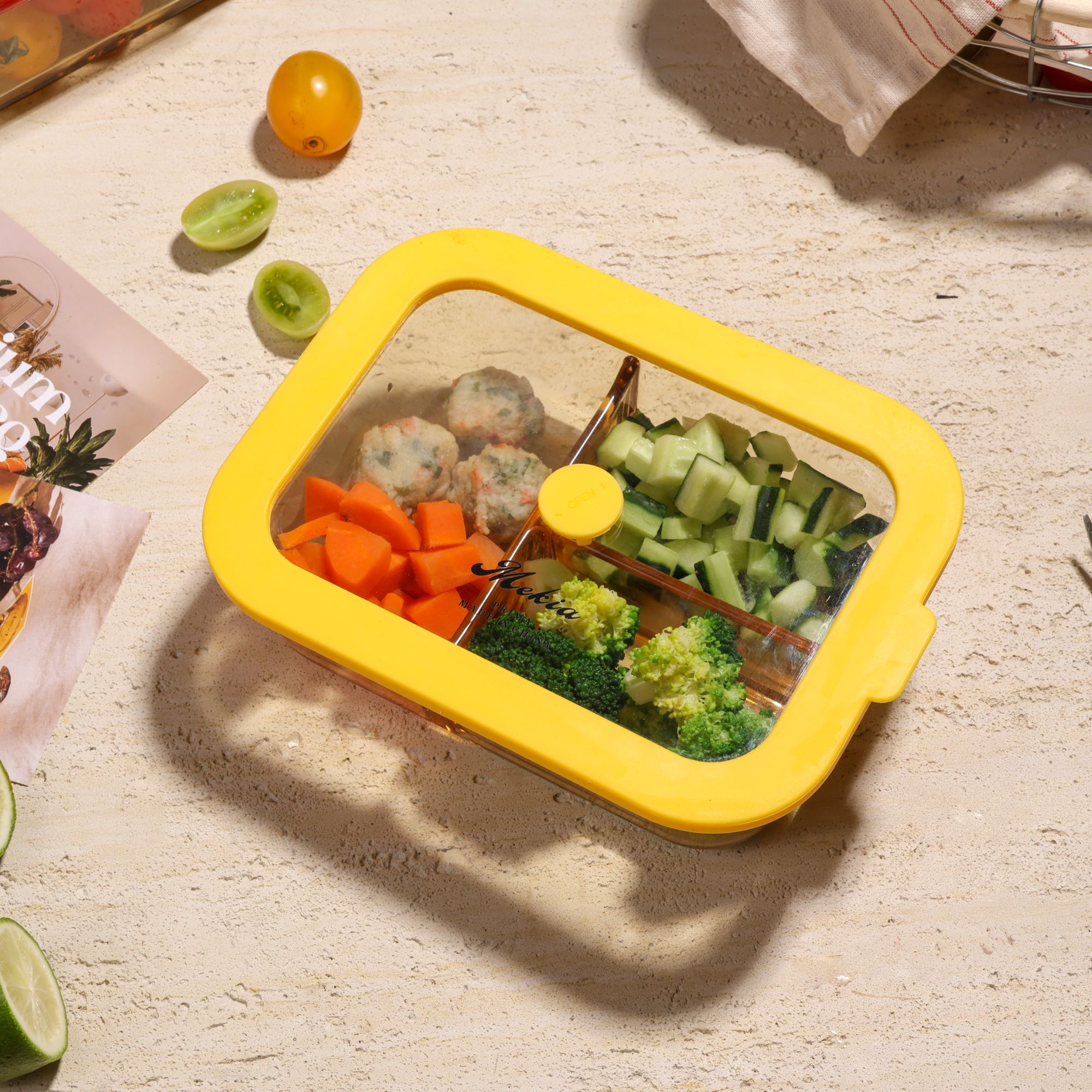 原创1040ml三分格内吸式饭盒保鲜饭盒高硼硅玻璃材质微波炉加热$