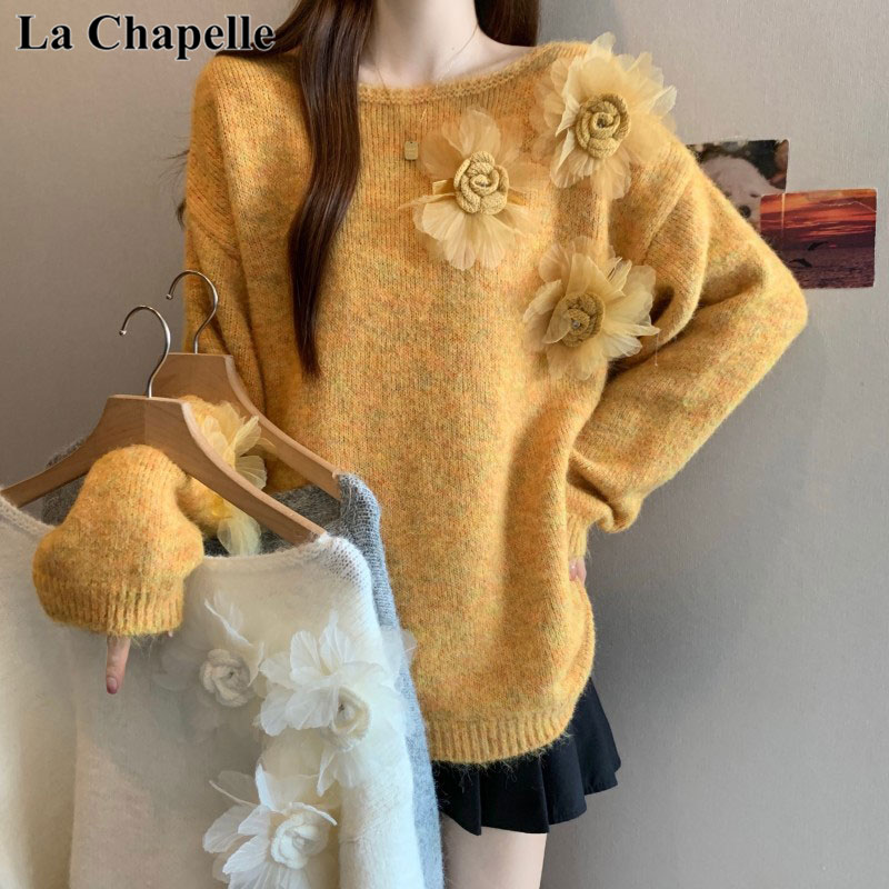 拉夏贝尔大码胖MM秋冬季法式重工手工钉花设计感洋气套头上衣毛衣