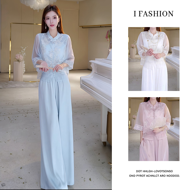 新中式国风盘扣套装女2025年夏季新款高级感刺绣上衣阔腿裤两件套