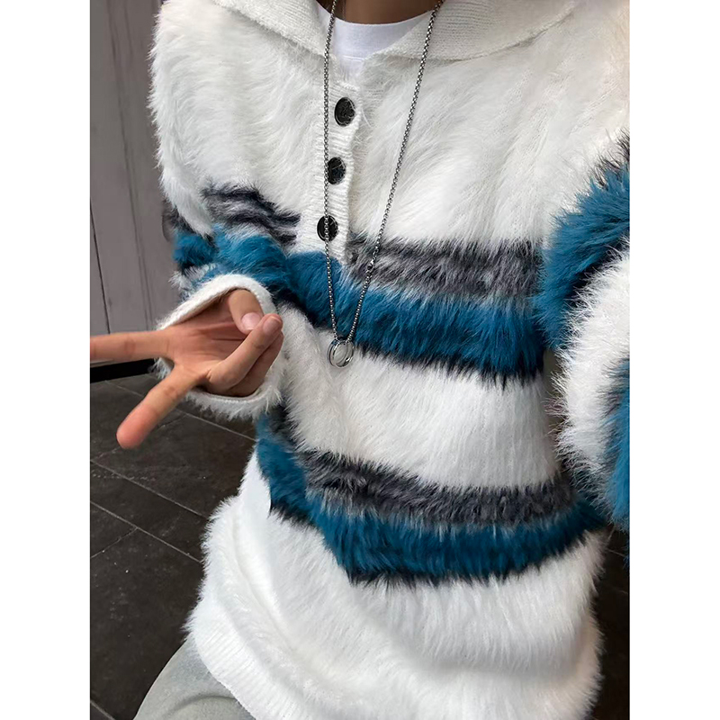 美式蓝白条纹毛衣男款秋冬季设计感polo领针织衫宽松慵懒风毛线衣