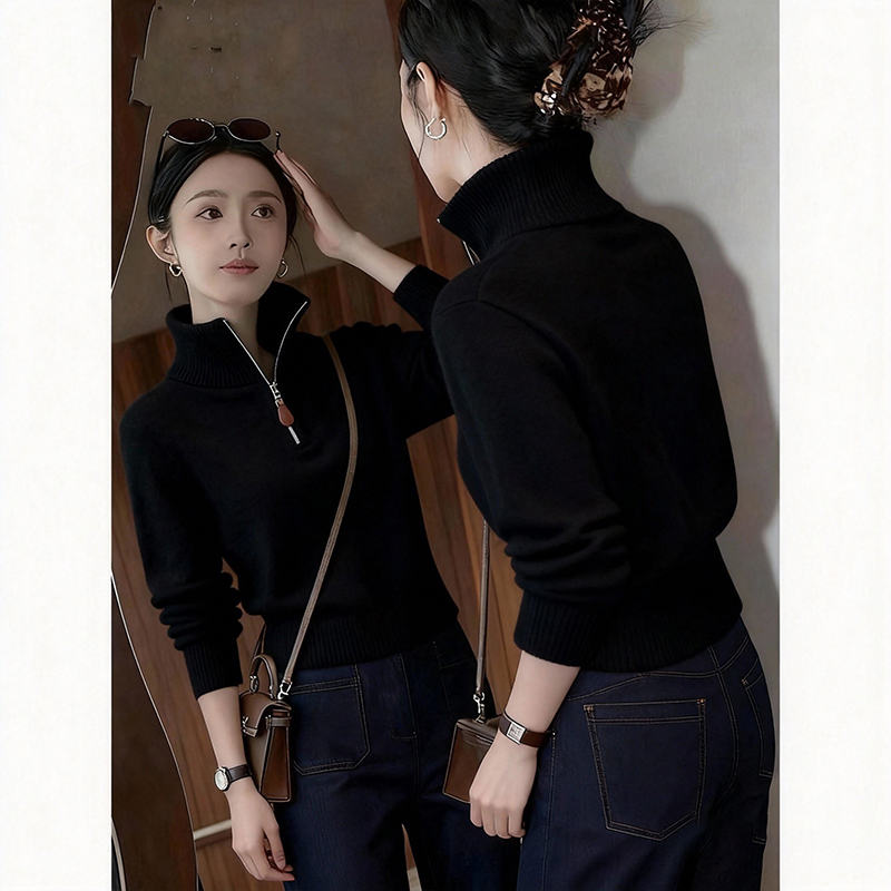 韩系黑色慵懒风撞色翻领针织衫女2025秋季新款休闲百搭显瘦毛衣潮