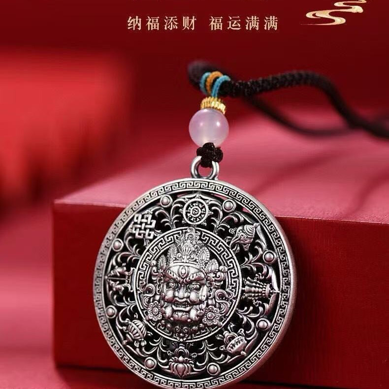 足银银制品 足银999黄财神八宝罗盘吊坠复古民族风镂空纯银吊坠