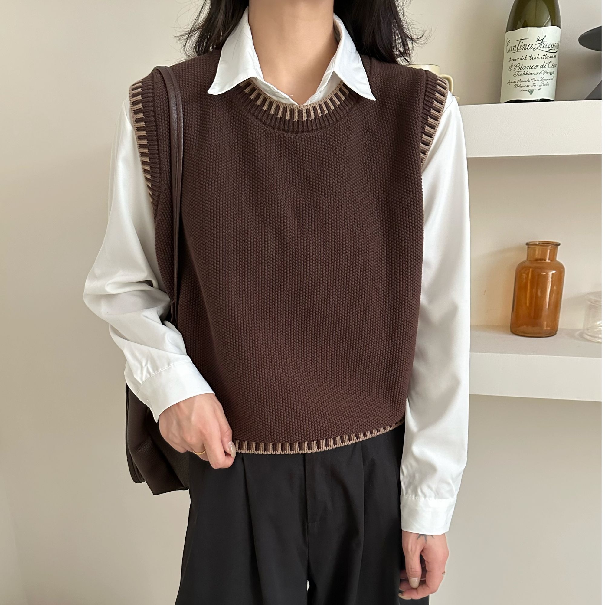 100%棉线复古针织马夹圆领拼色女士休闲百搭宽松无袖马甲