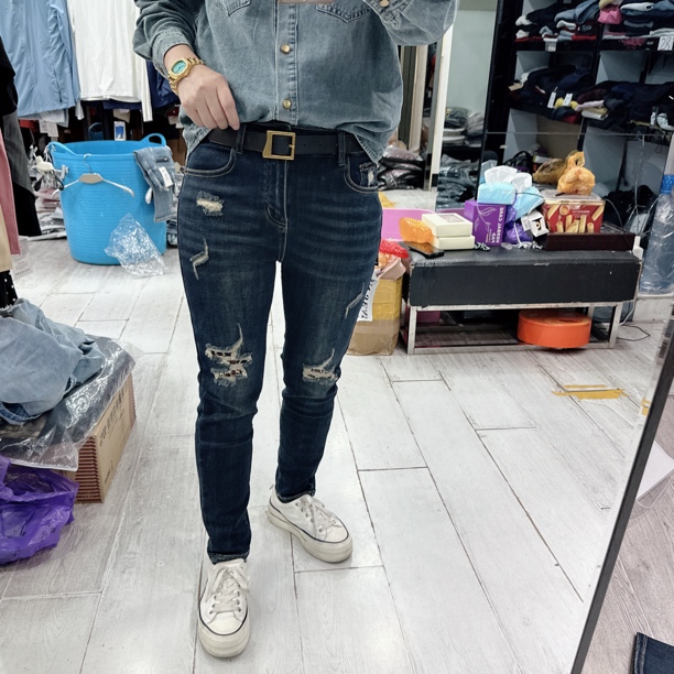韩版超好穿高弹力破裤2色小脚牛仔裤76097欧美