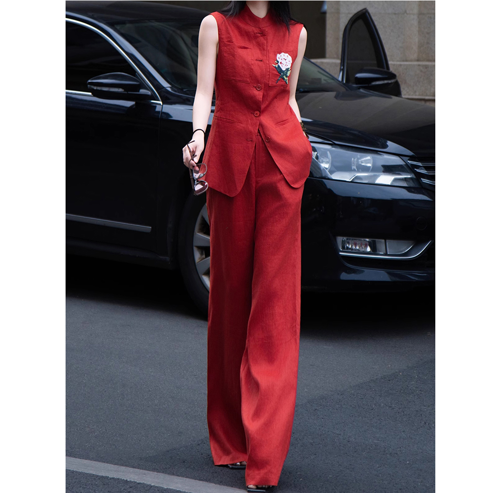 新中式国风显瘦套装女设计感重工订花马甲阔腿裤休闲两件套气质