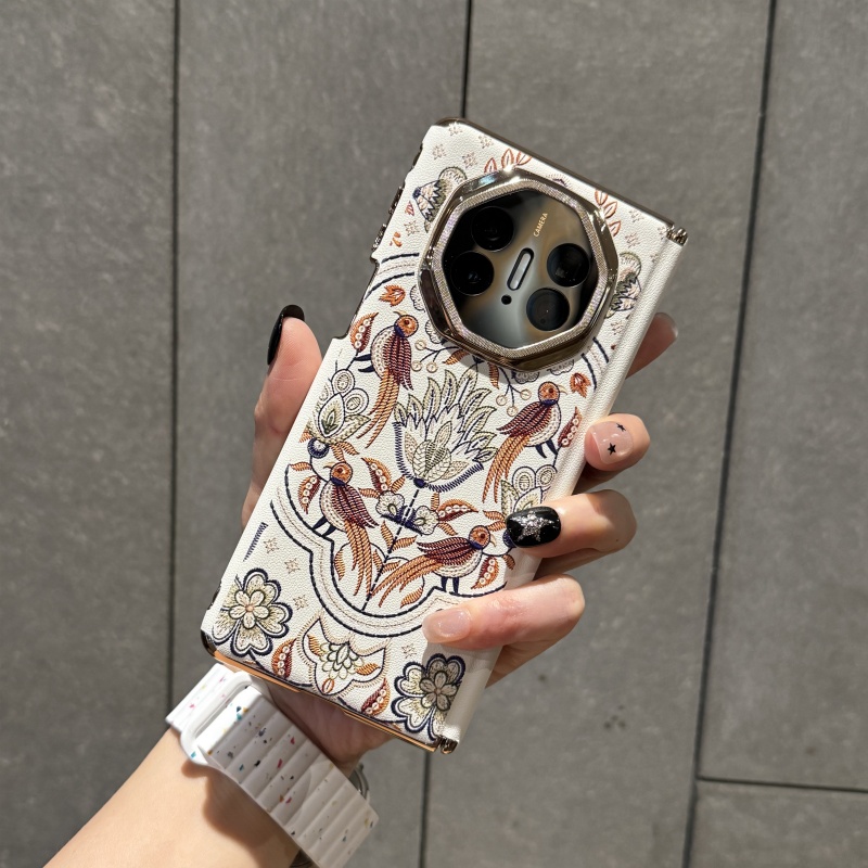 适用华为matex5手机壳折叠屏新款双中轴保护套国潮风白色富贵鸟