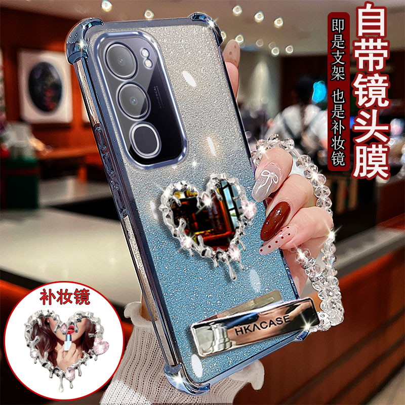 vivo Y50手机壳V2443A镶钻桌面支架爱心镜子防摔保护套镜头全包