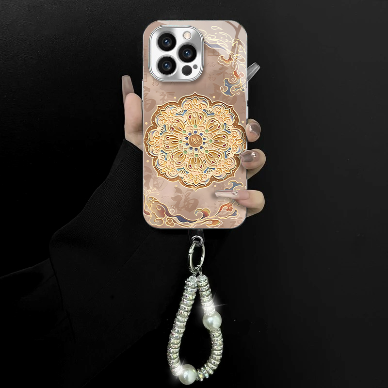 适用于苹果/oppo/华为/vivo/小米复古图腾电镀玻璃手链防摔手机壳