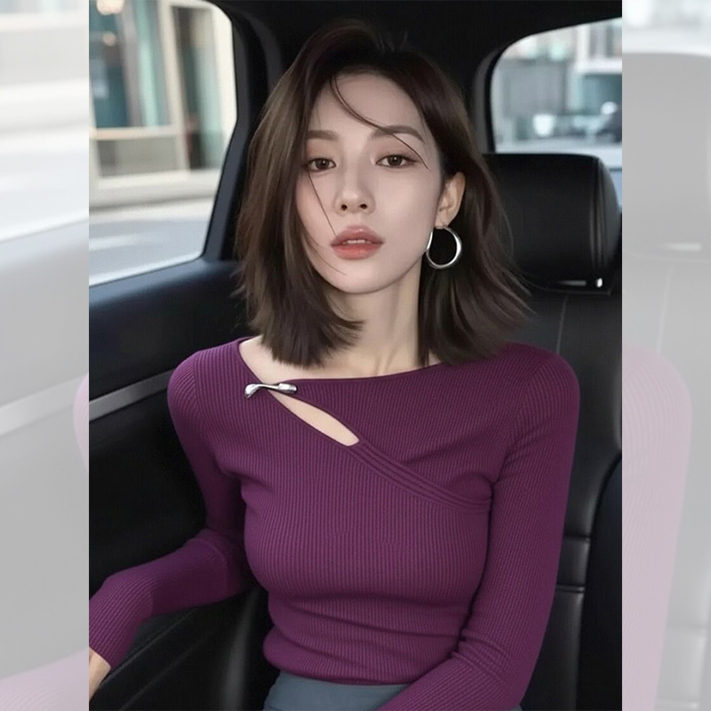 别致独特漂亮内搭紫色镂空针织打底小衫女装秋冬百搭洋气高贵上衣