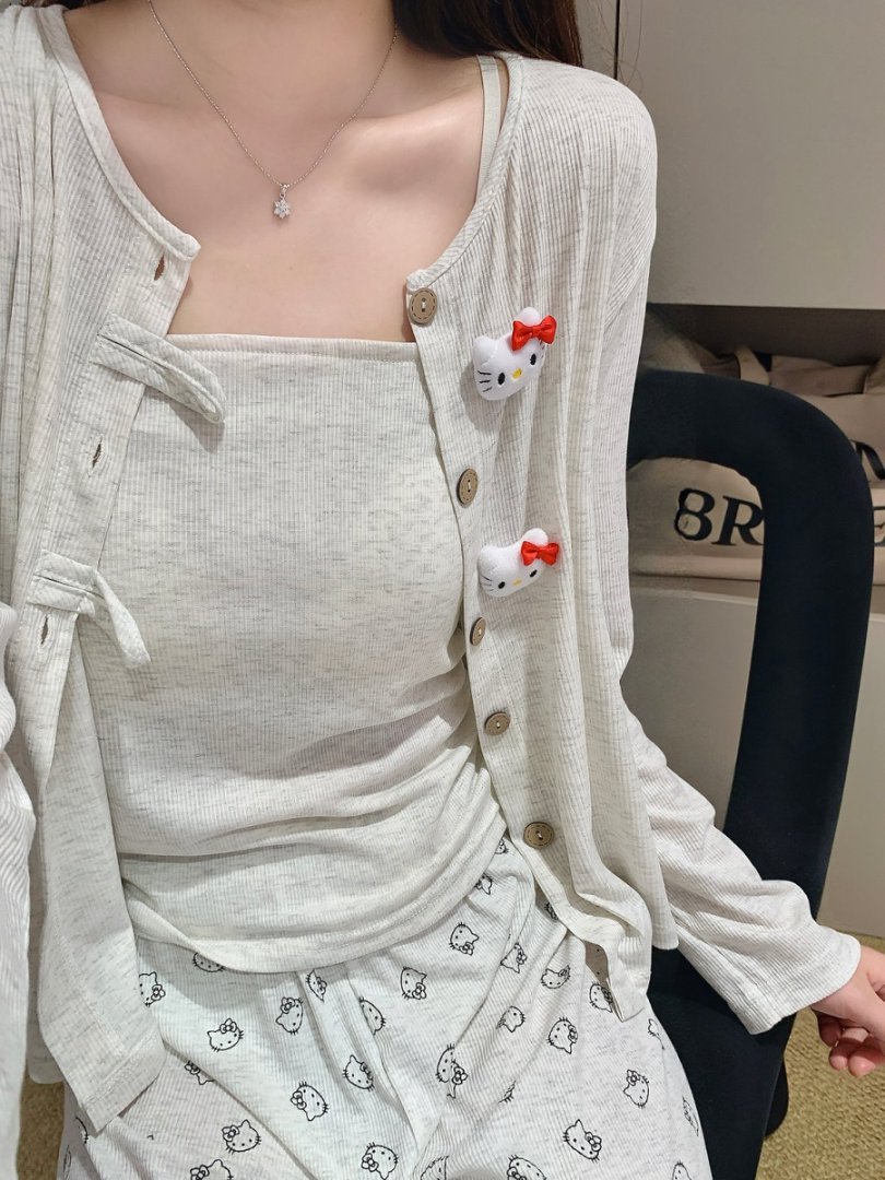 春秋季带胸垫三件套彩棉睡衣女款长袖甜美可爱家居服套装可外穿