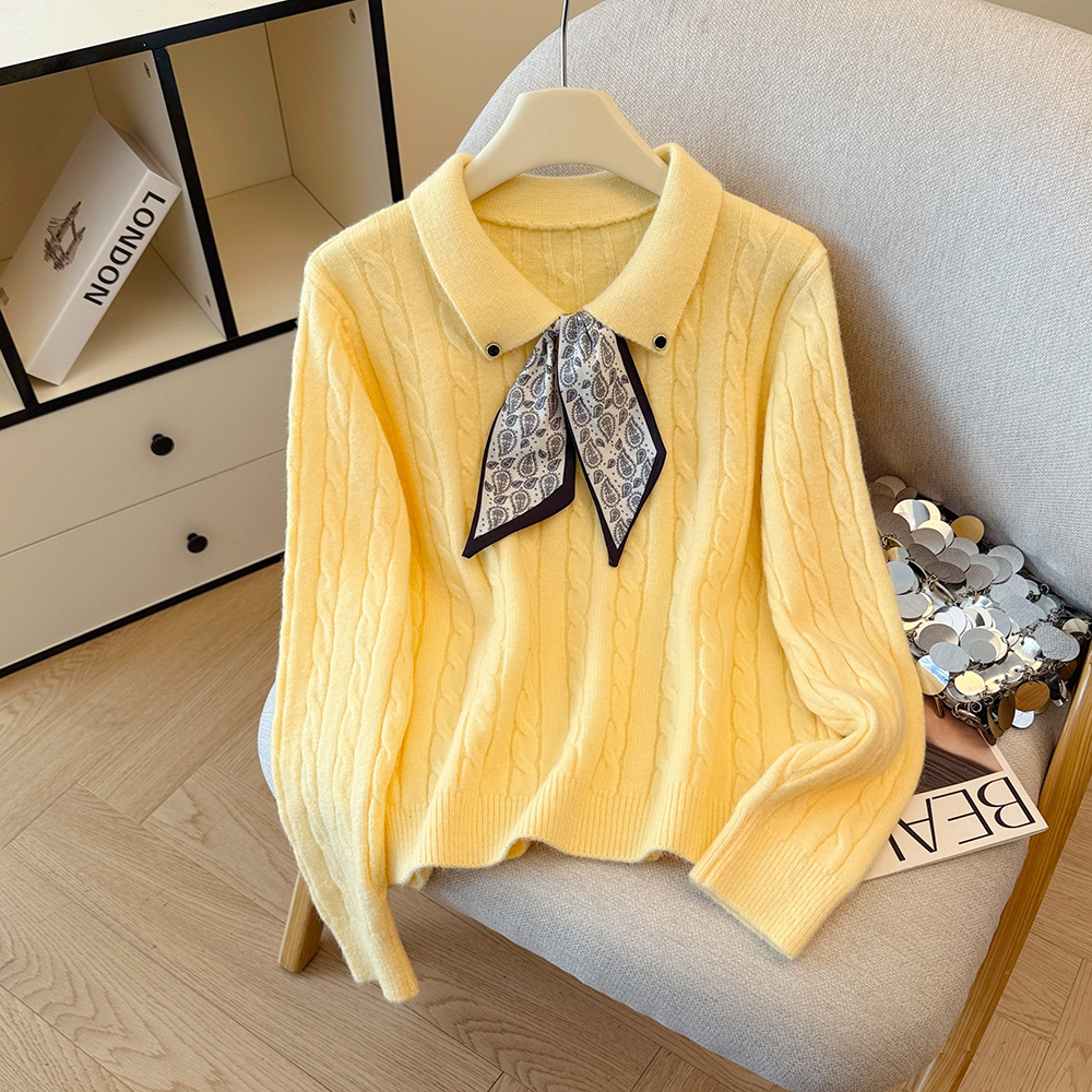 春秋新款高级感polo领韩系配丝巾针织衫翻领减龄气质长袖打底上衣