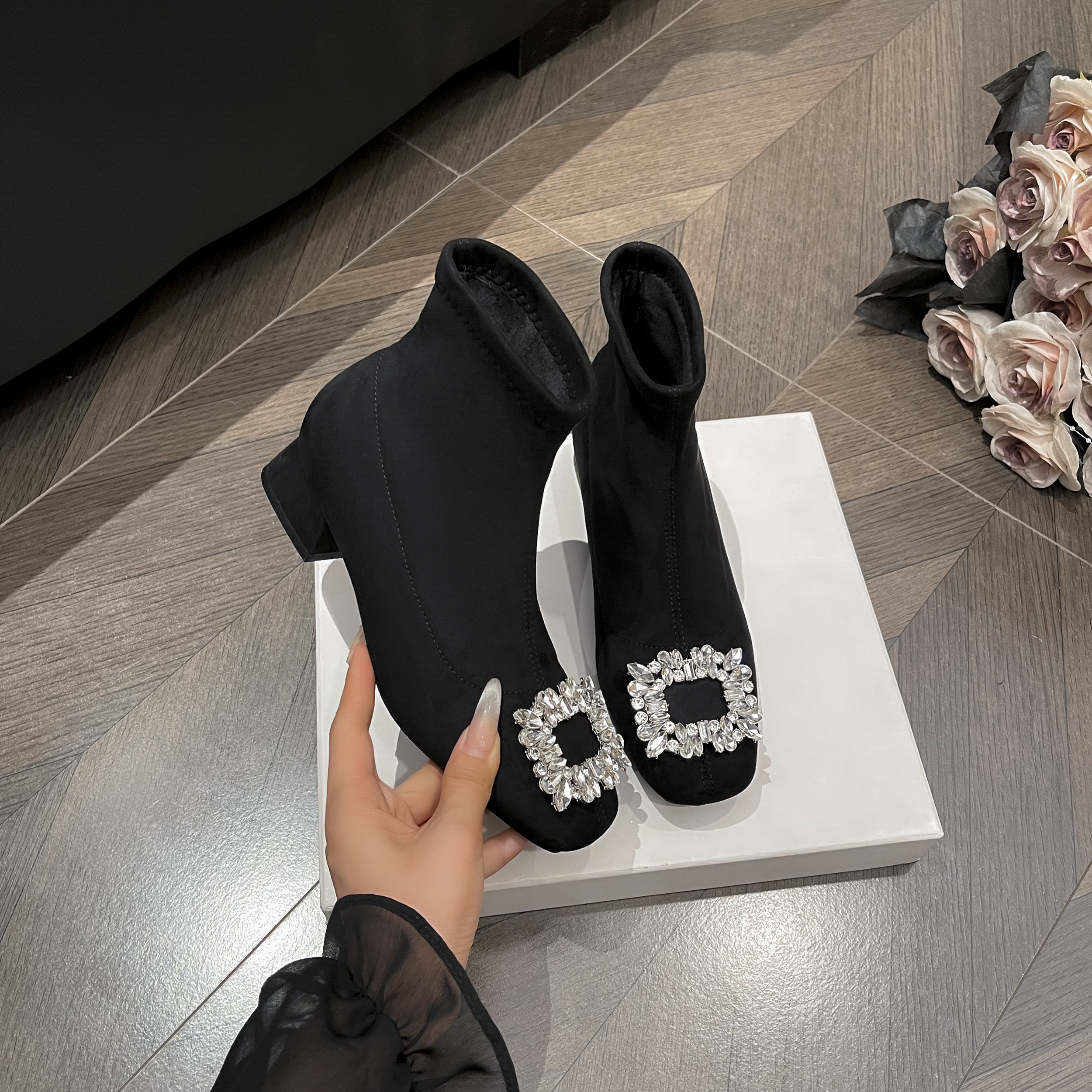 方头袜靴秋冬鞋百搭透气时尚休闲鞋瘦瘦靴方钻法式冬季黑色秋冬