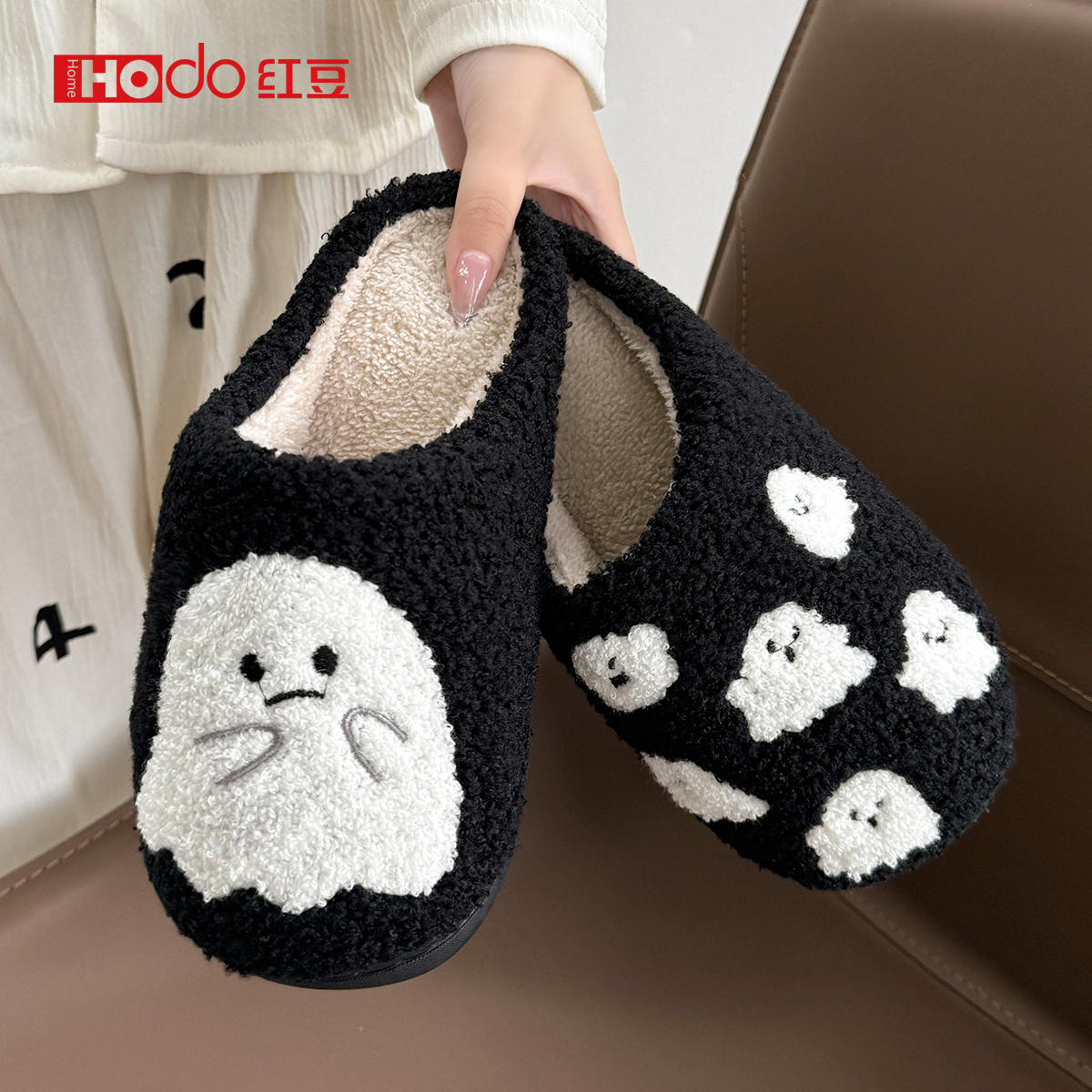 红豆万圣节搞怪小幽灵棉拖鞋女2025新款居家冬天保暖防滑厚底拖鞋