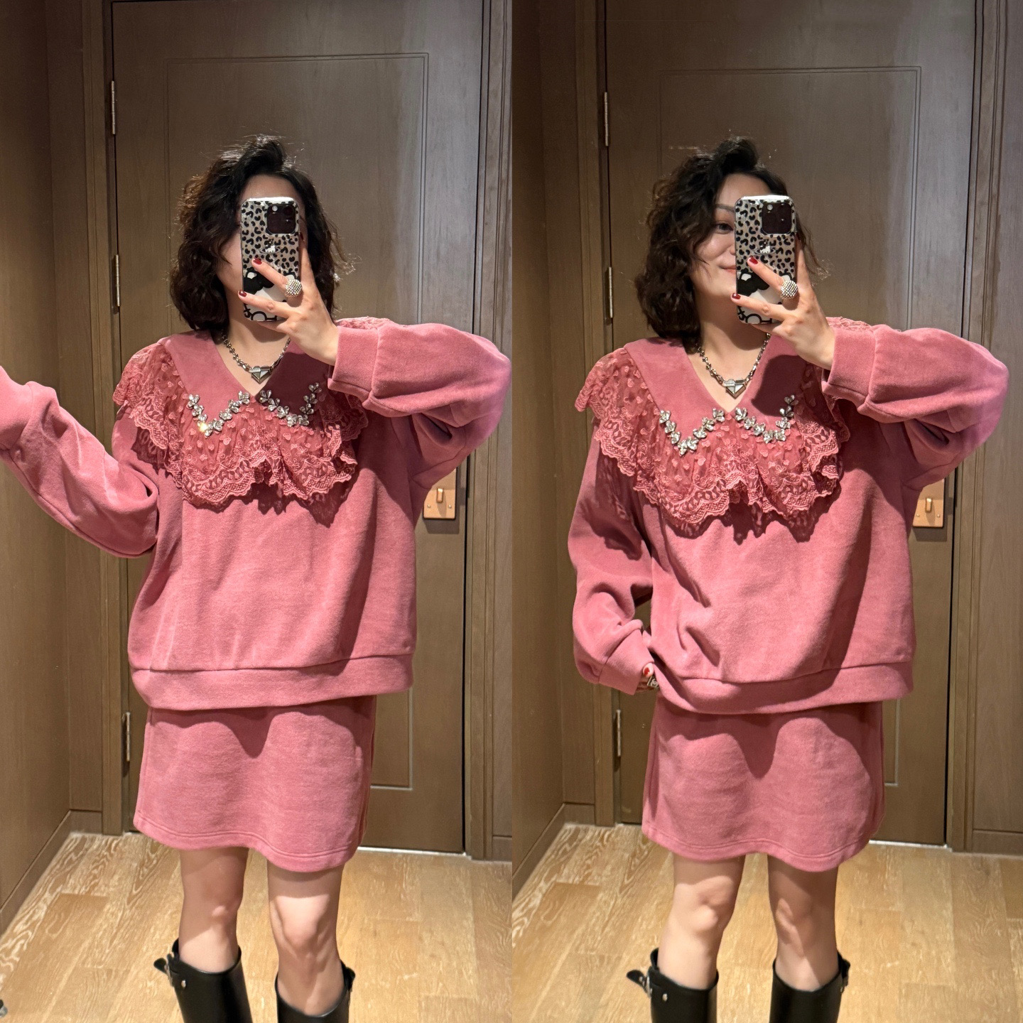 YDFSTUDIO小众【玫粉记忆】欧货重工蕾丝拼接设计上衣+半身裙套装