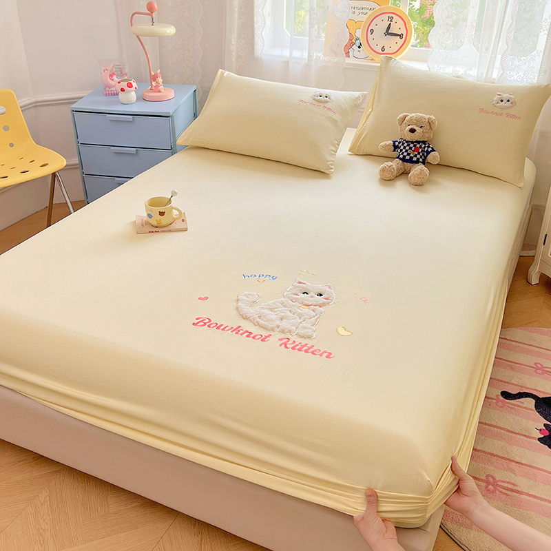 卡通风奶猫芝士黄水洗棉兔毛贴布绣床笠单件学生宿舍床垫罩保护套