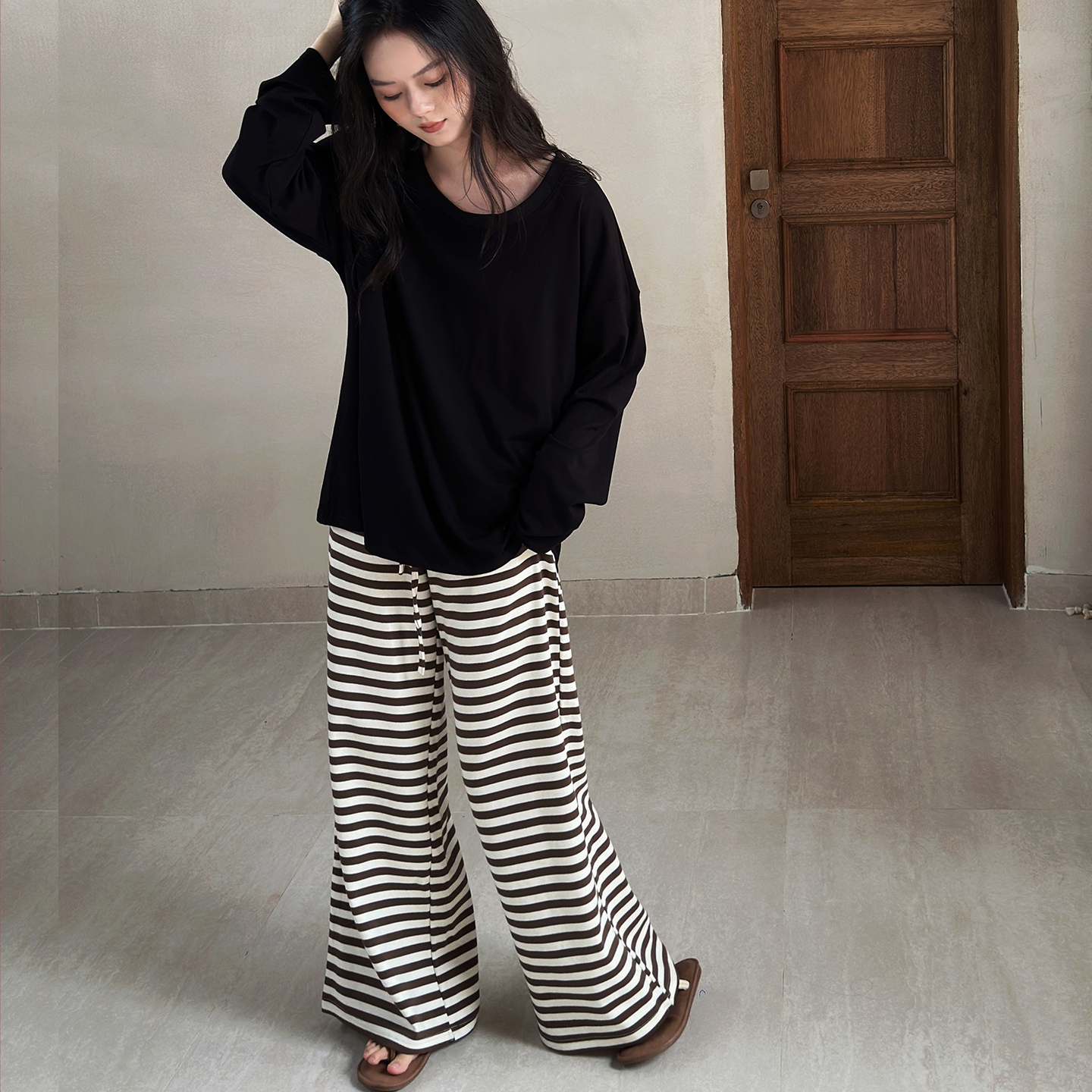 及好睡衣女款纯棉黑色长袖宽松外穿高级感条纹裤家居服秋冬季套装