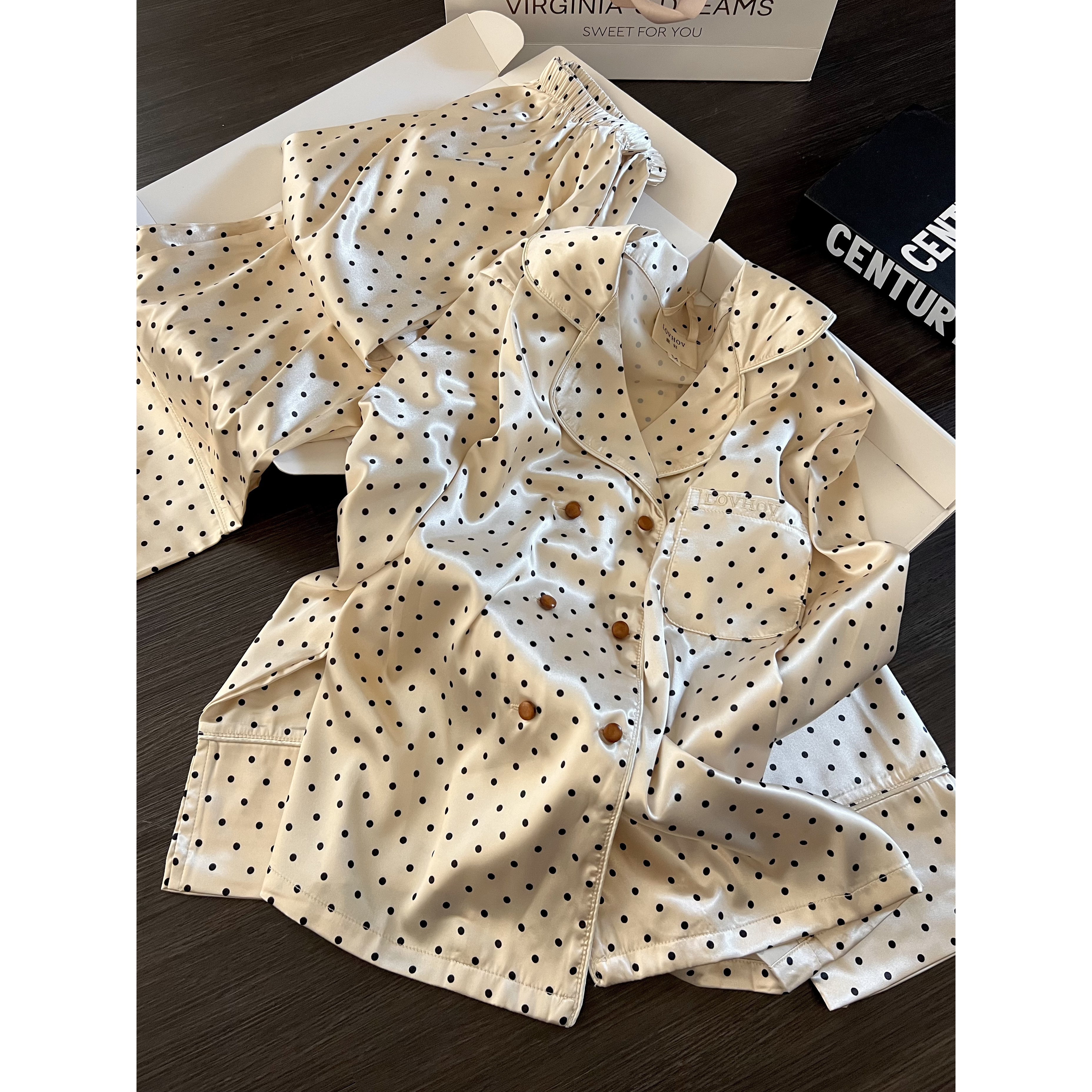 法式轻奢波点薄款冰丝睡衣女春秋季新款长袖长裤居服套装可外穿