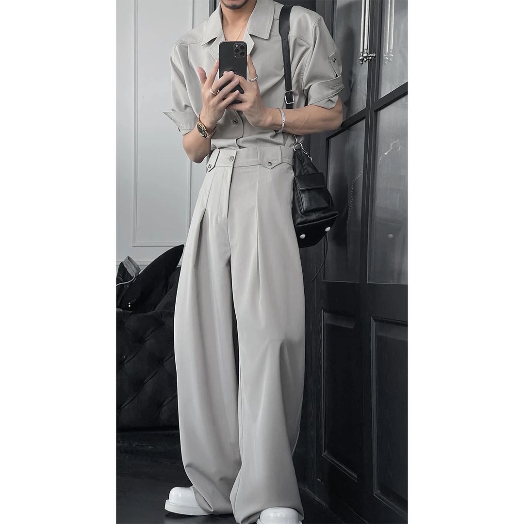 龙刀刀夏季新款潮流简约高级感复古宽松衬衫阔腿弯刀长裤休闲套装