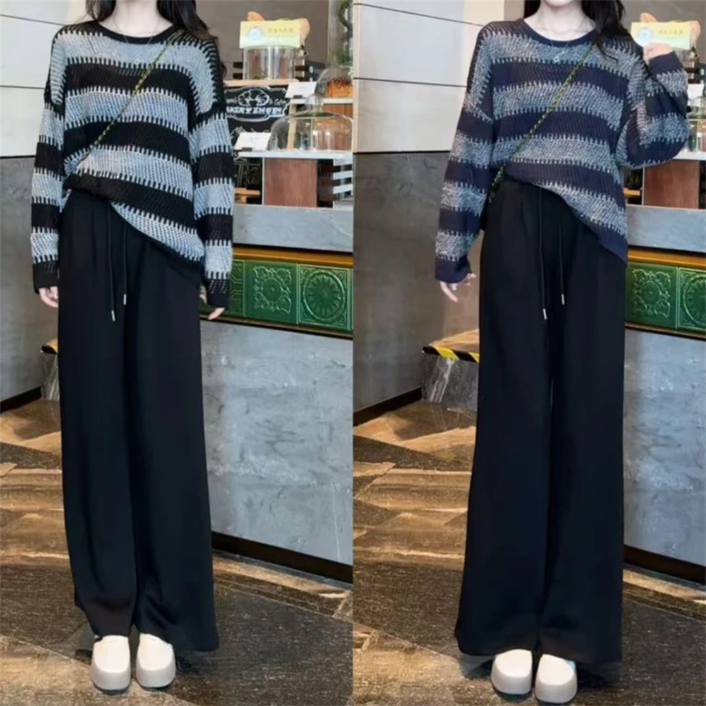 早秋新撞色条纹慵懒风高级感上衣+高腰抽绳显腿长的阔腿裤两件套