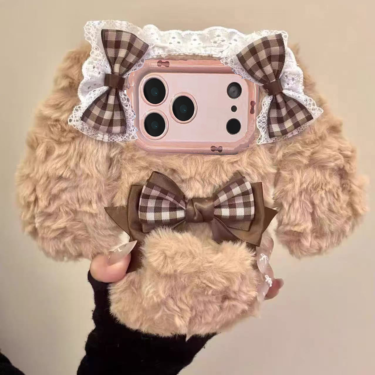 ins秋冬蝴蝶结兔子适用iphone17promax苹果16P毛绒手机壳15女14女
