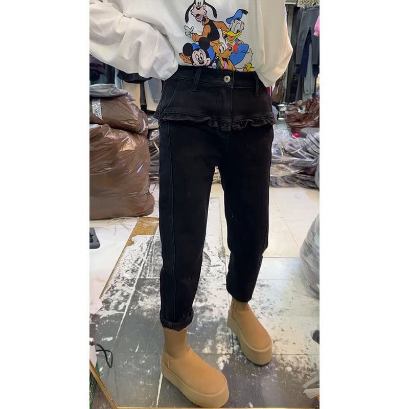 大码2025秋冬季新款高腰飞边设计加绒牛仔裤小个子显瘦直筒烟管裤