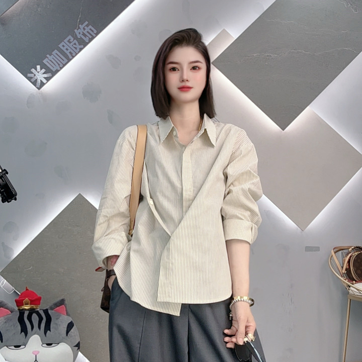 1372韩系条纹长袖衬衫秋季新款宽松显瘦减龄百搭上衣
