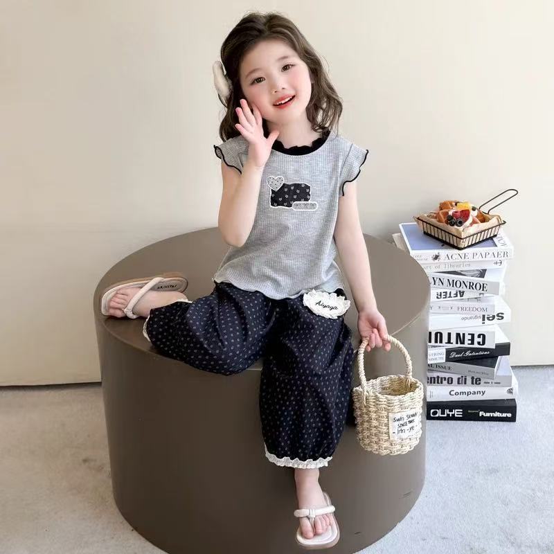 女童夏装木耳边背心套装2025新款儿童夏季韩系无袖防蚊裤宝宝衣服