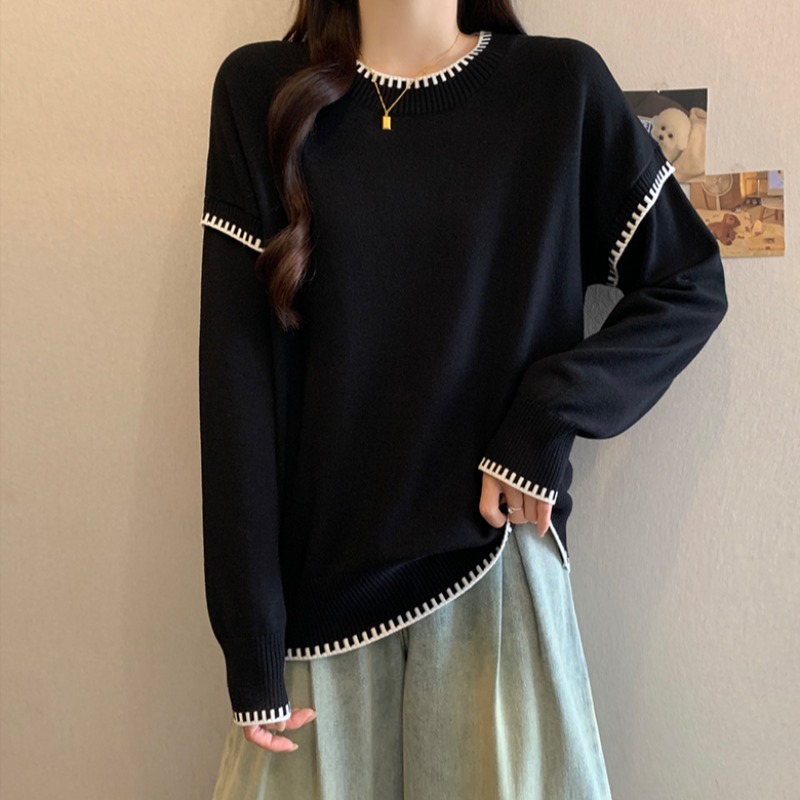 大码设计感撞色长袖针织衫女春秋胖妹妹宽松显瘦百搭洋气打底毛衣