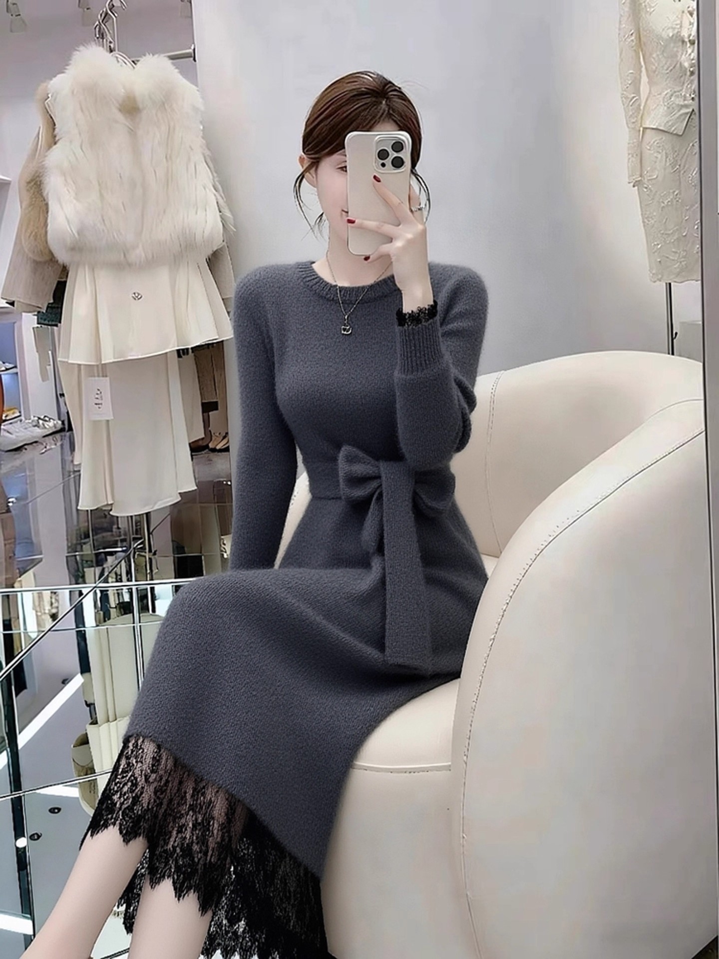 秋冬巨好看独特漂亮气质高端小香风收腰灰色蕾丝拼接毛衣连衣裙女