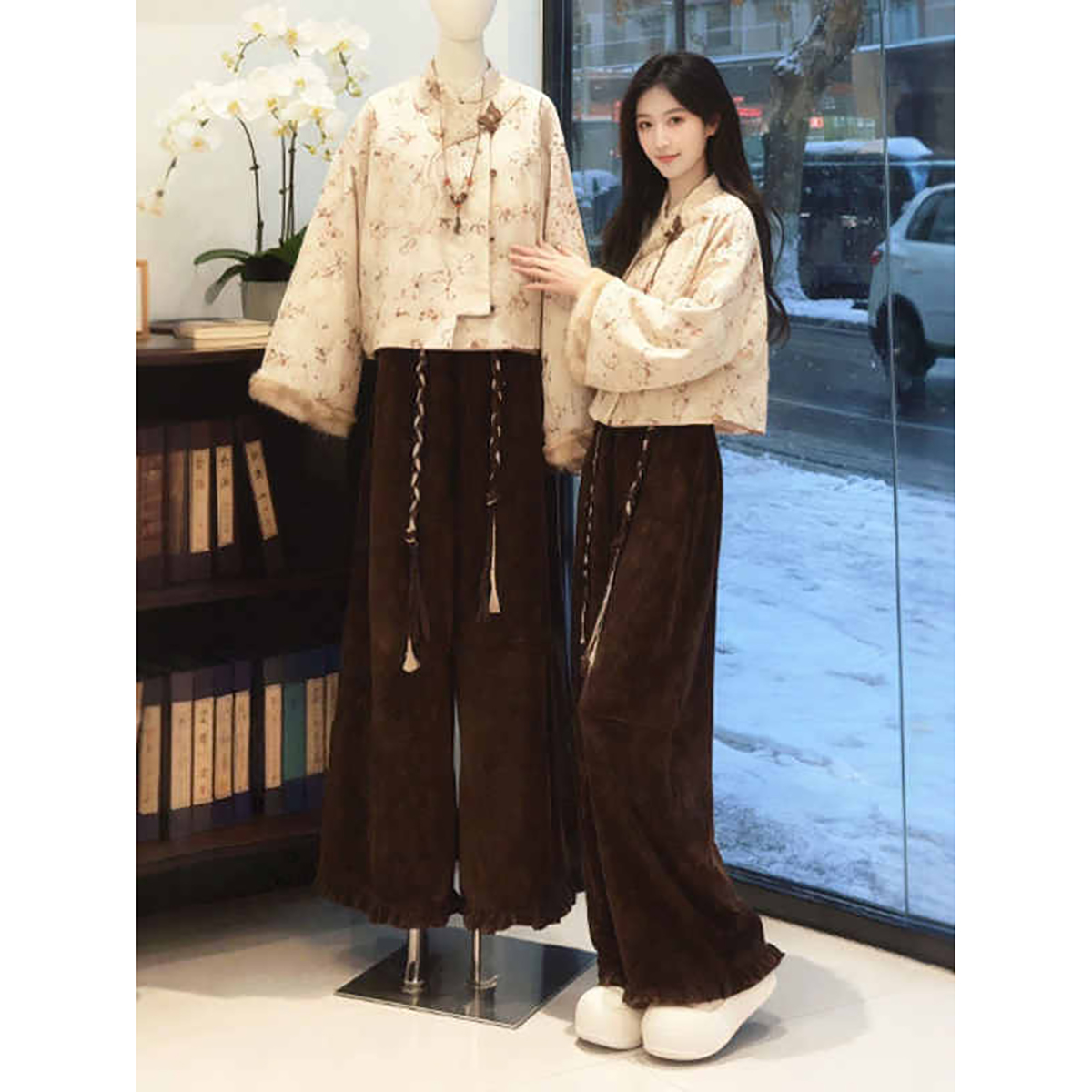 2026超火冬装一整套新中式复古花卉提花保暖夹棉外套阔腿裤两件套