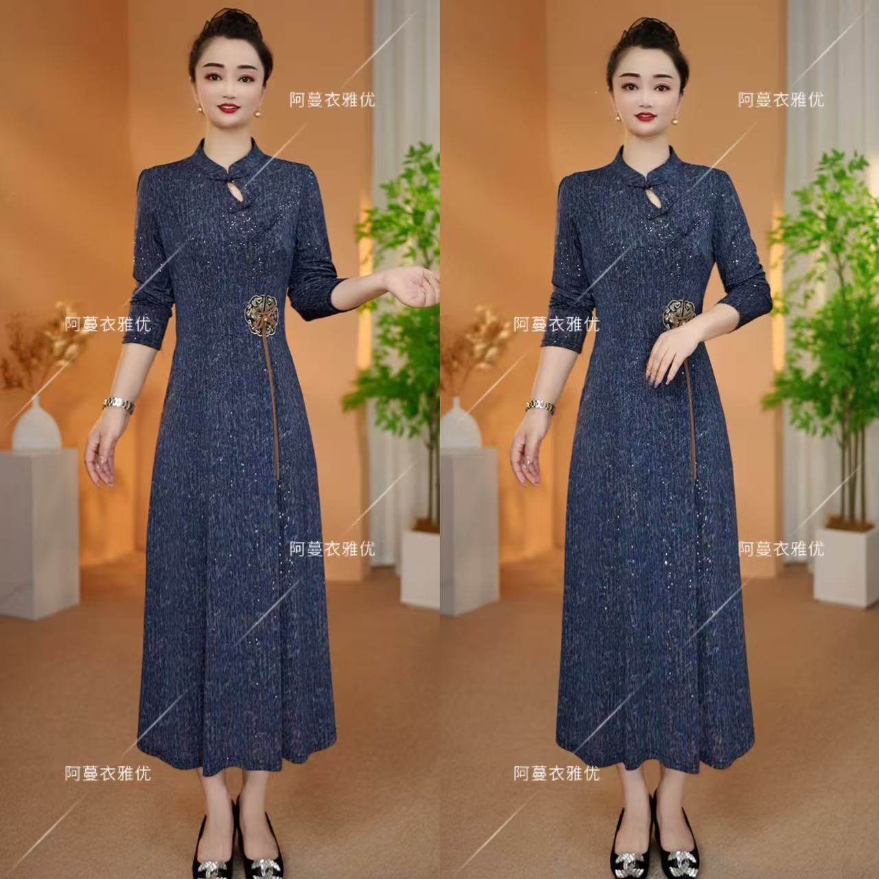 【衣雅严选】8089-2258#新款重工刺绣简约款长袖满天星旗袍连衣裙