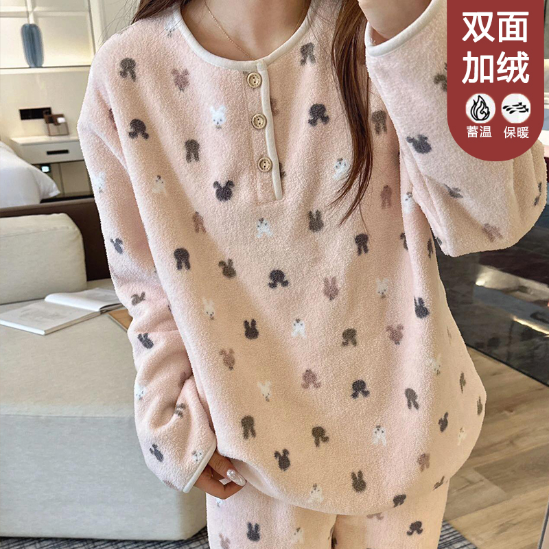【星】秋冬加厚双面绒套头睡衣女可外穿家居服套装6037