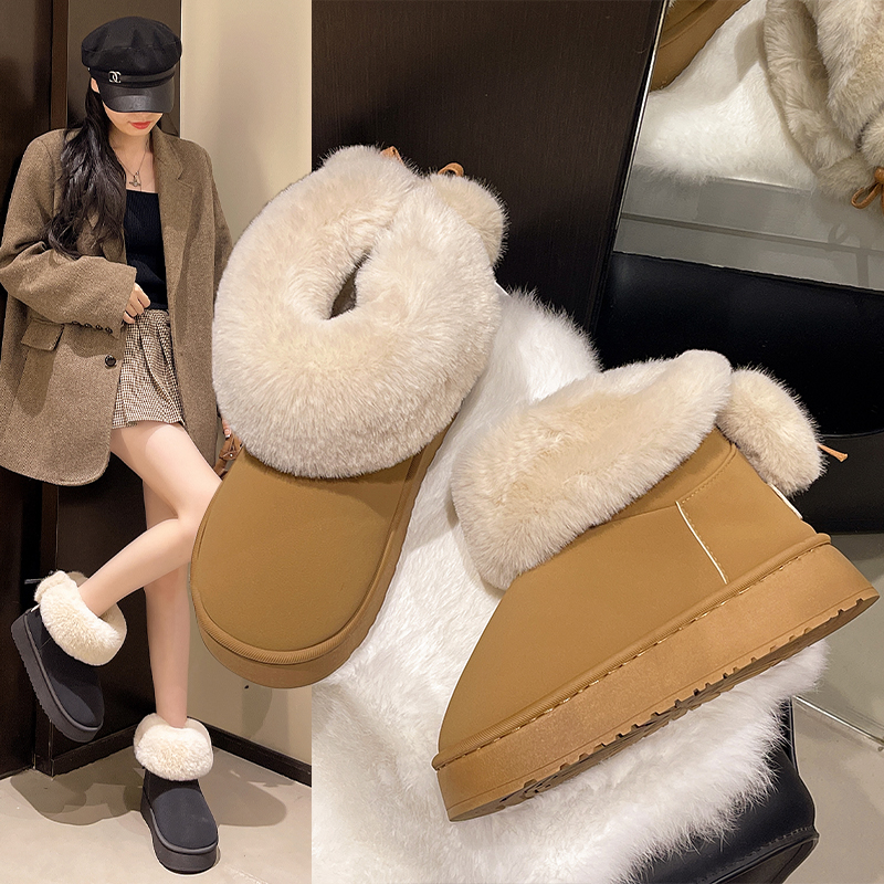 时尚雪地靴女款外穿新款翻毛领女式厚底加绒加厚防滑蝴蝶结毛毛鞋