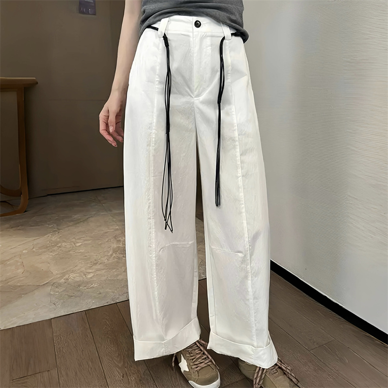 韩系慵懒风白色高腰速干阔腿休闲裤女25夏季新款流苏腰带直筒长裤