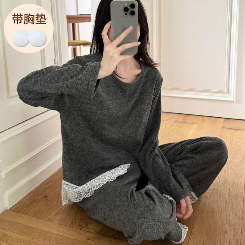 慵懒感圆领磨毛蕾丝带胸垫睡衣套装秋冬新款磨毛绒宽松柔软家居服