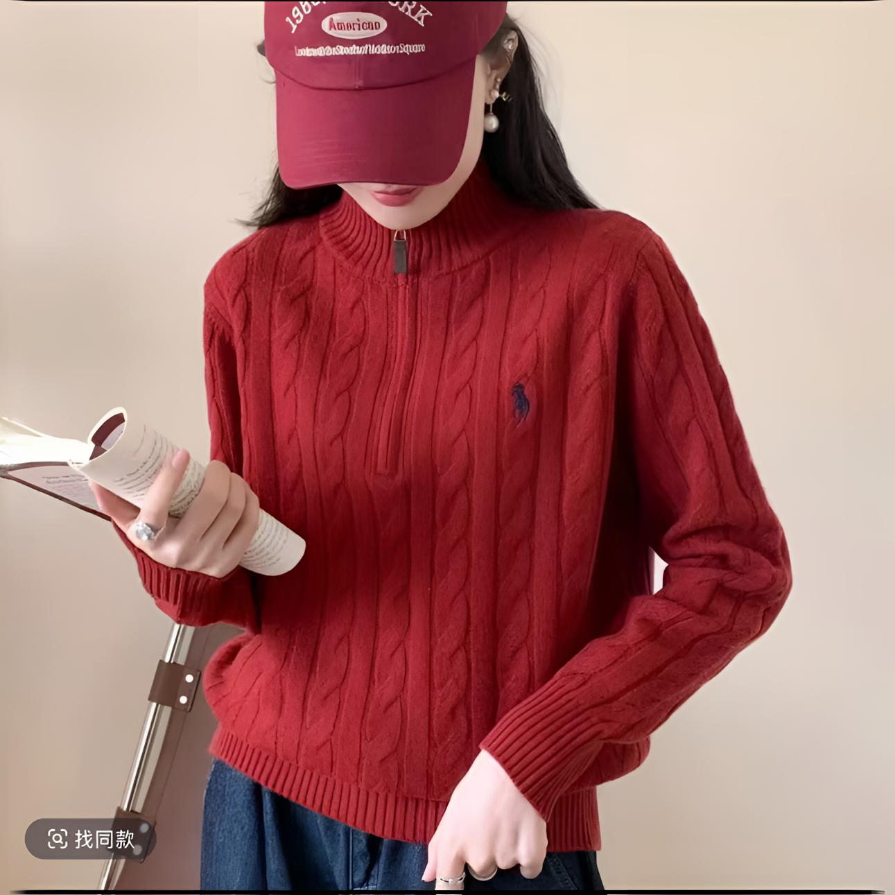 刺绣半拉链套头高领厚毛衣秋冬休闲百搭麻花针织衫女网红时尚舒适