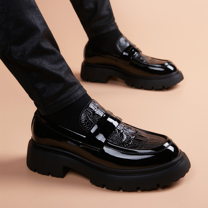 纪诗哲一脚蹬皮鞋男黑色厚底商务正装英伦透气鳄鱼纹休闲套脚男鞋
