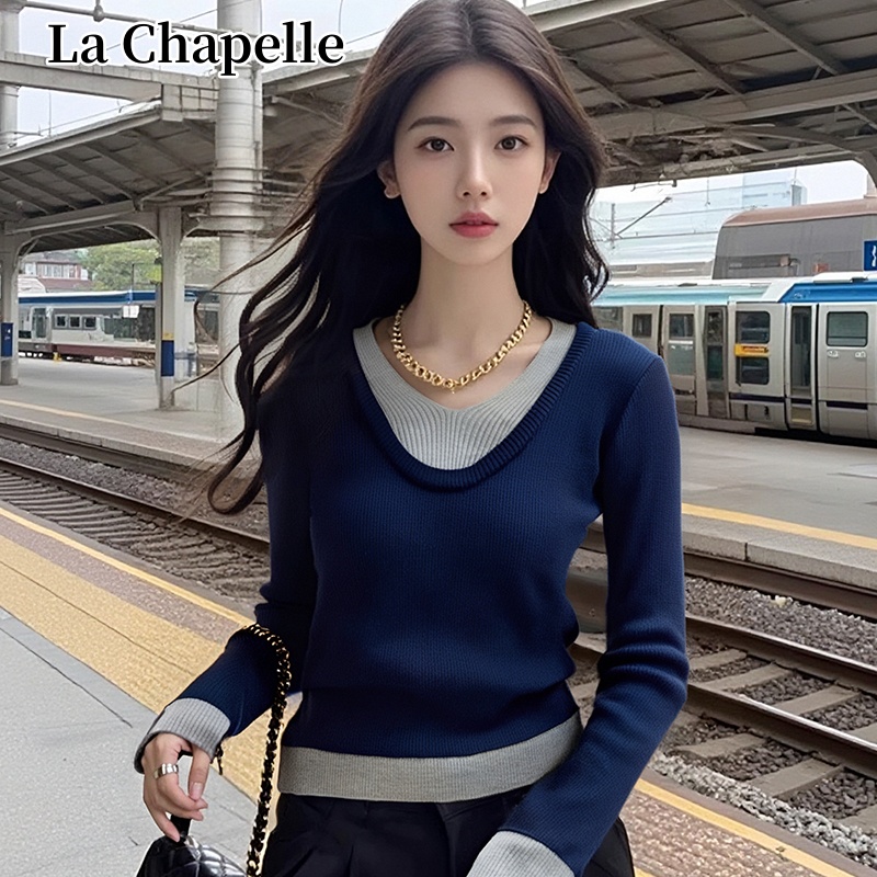 拉夏贝尔设计感V领假两件洋气打底衫秋装新款套头上衣针织衫女