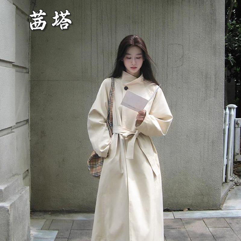 一粒扣立领中长款风衣外套女2025春秋小个子休闲日系大衣简约气质