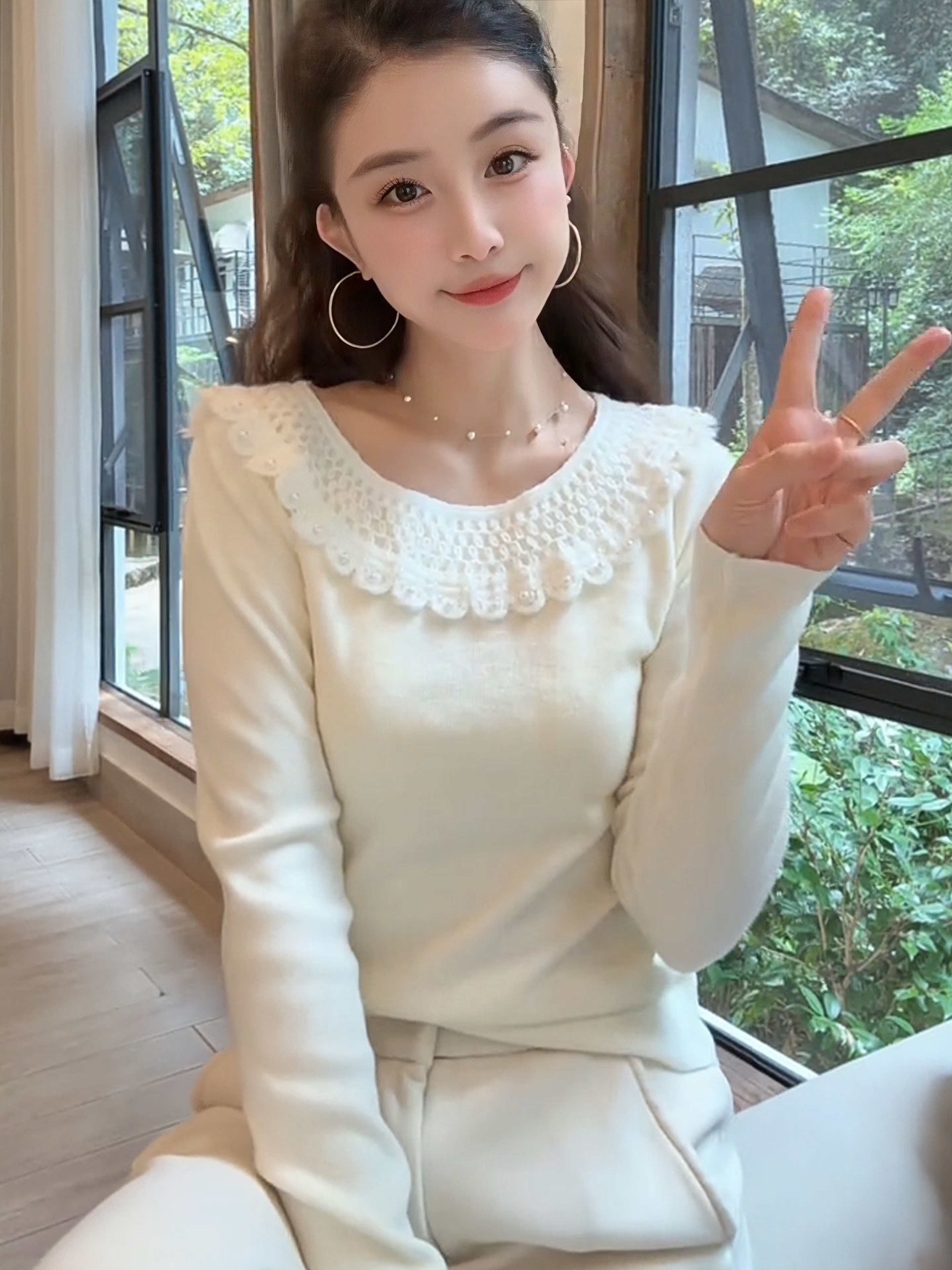 珍珠荷叶领小香风针织衫女2025秋季新款时尚气质设计减龄百搭毛衣