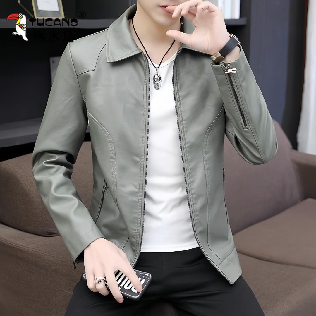 啄木鳥休闲百搭皮衣男士机车服春秋季2025新款皮衣男外套