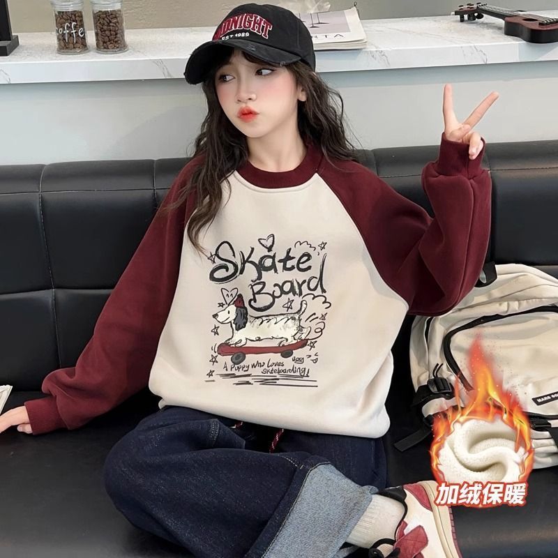 女童卫衣加绒加厚卫衣秋冬天新款儿童洋气中大童圆领宽松上衣