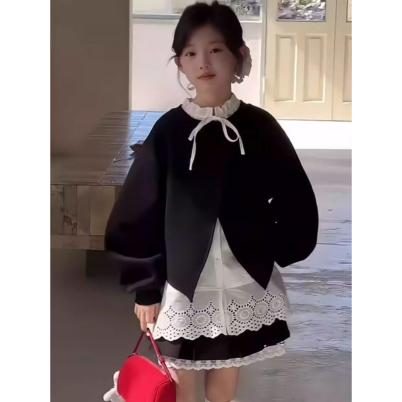 女童韩版套装秋季2025新款黑色花边衬衫时尚百褶裙小女孩学院风