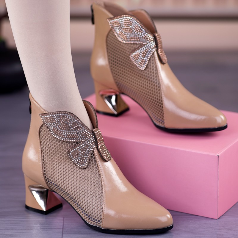 2025夏季新款凉靴镂空女时装凉鞋网纱凉鞋高跟鞋靴子尖头粗跟女靴