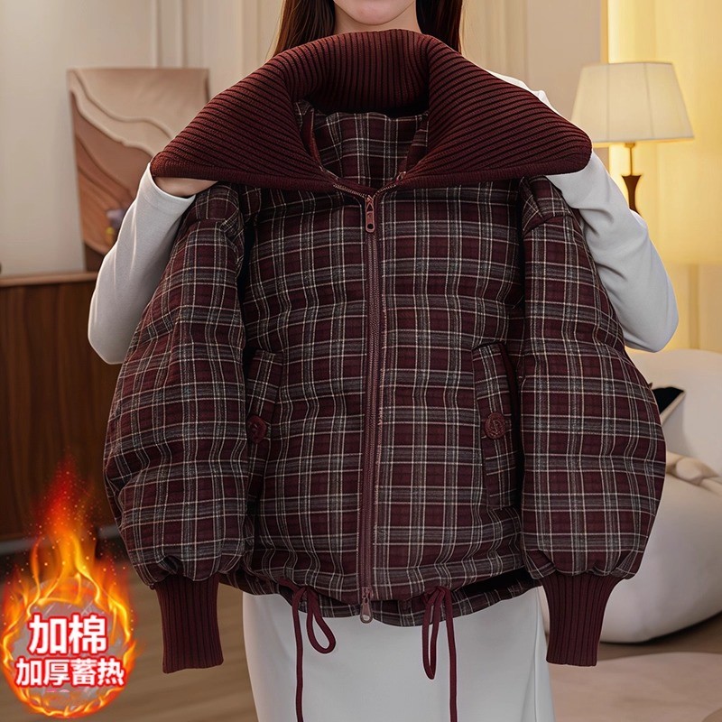 女童格子洋气棉服2025新款冬装大童加厚外套棉衣毛线领面包服棉袄