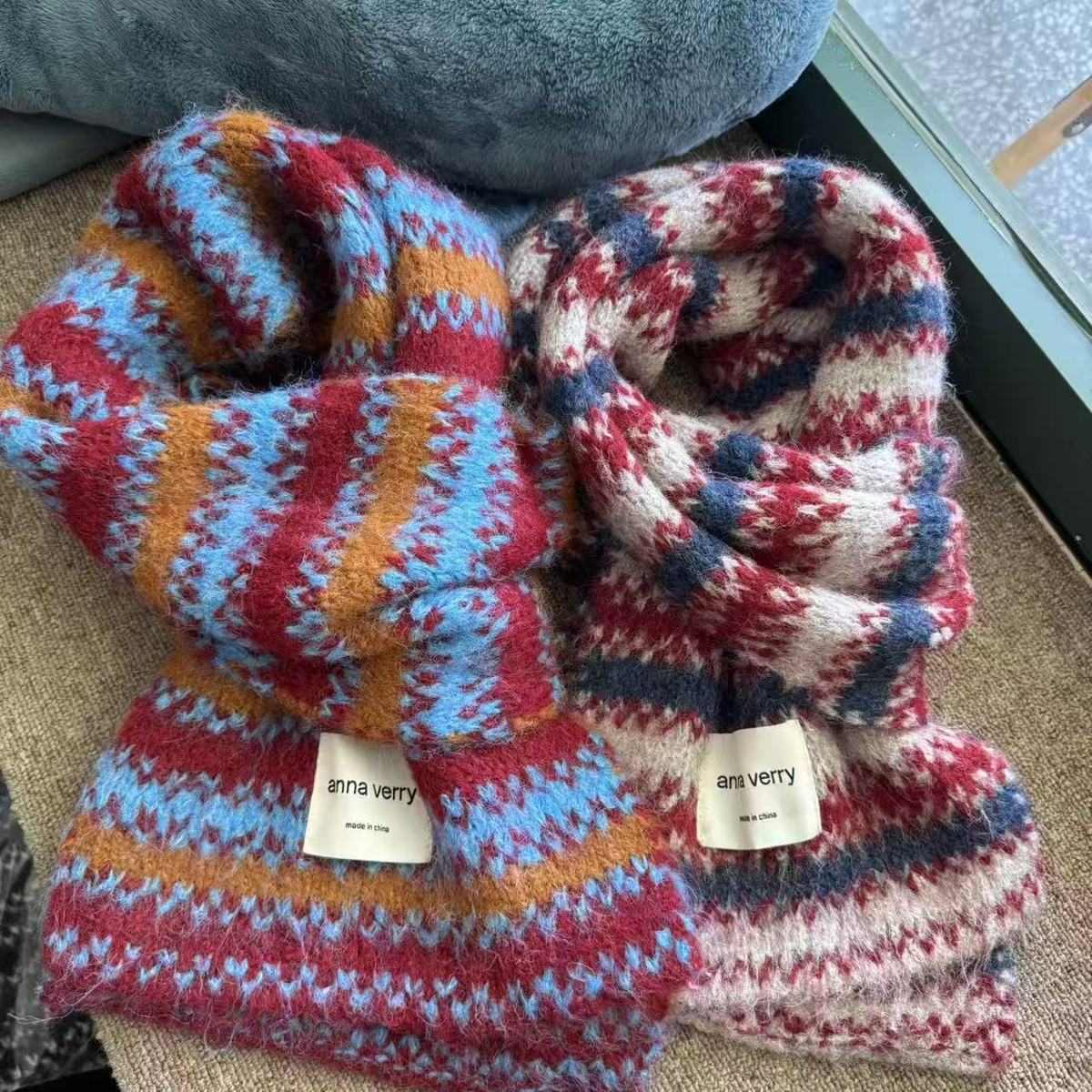 韩系氛围感拼色条纹针织围巾女秋冬季加厚防寒保暖学院风披肩围脖