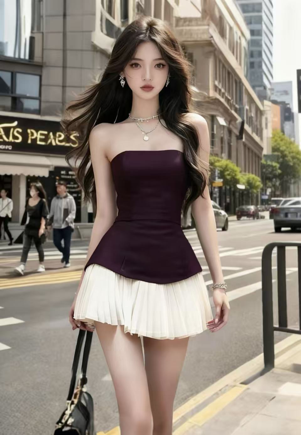 韩系气质女神2025夏季新款设计感一字肩露肩暗黑色显瘦性感连衣裙